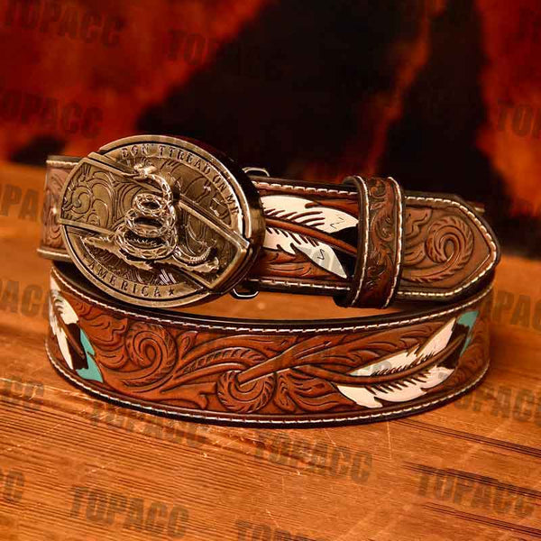 Waist 42-46 inch Western Leather Feather Belt - Block Buckle