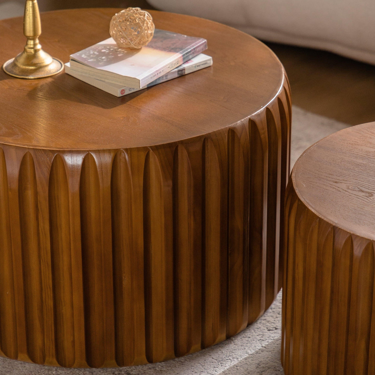 Set of 2nWalnut Fluted Nesting Coffee Table Set – Mid-Century Modern Round Tables