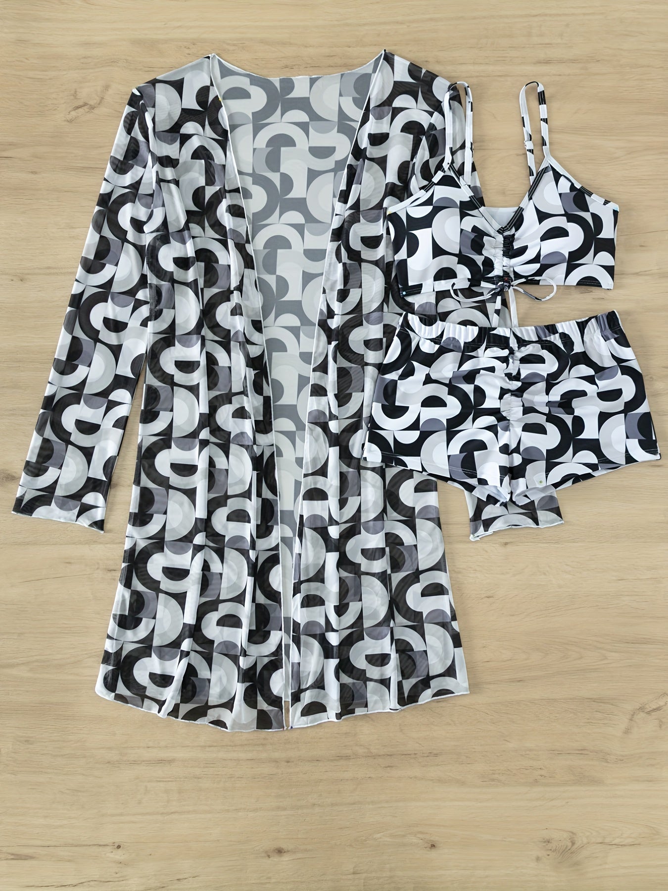 Modern Geo 3-Piece Bikini Set – Vibrant Geometric Print Fluttering Swimwear with V-Neck Top Boxer Shorts Bottoms and Long Sleeve Cover Shirt – Comfortable High-Stretch Women’s Beachwear for Pool & Summer Vacations