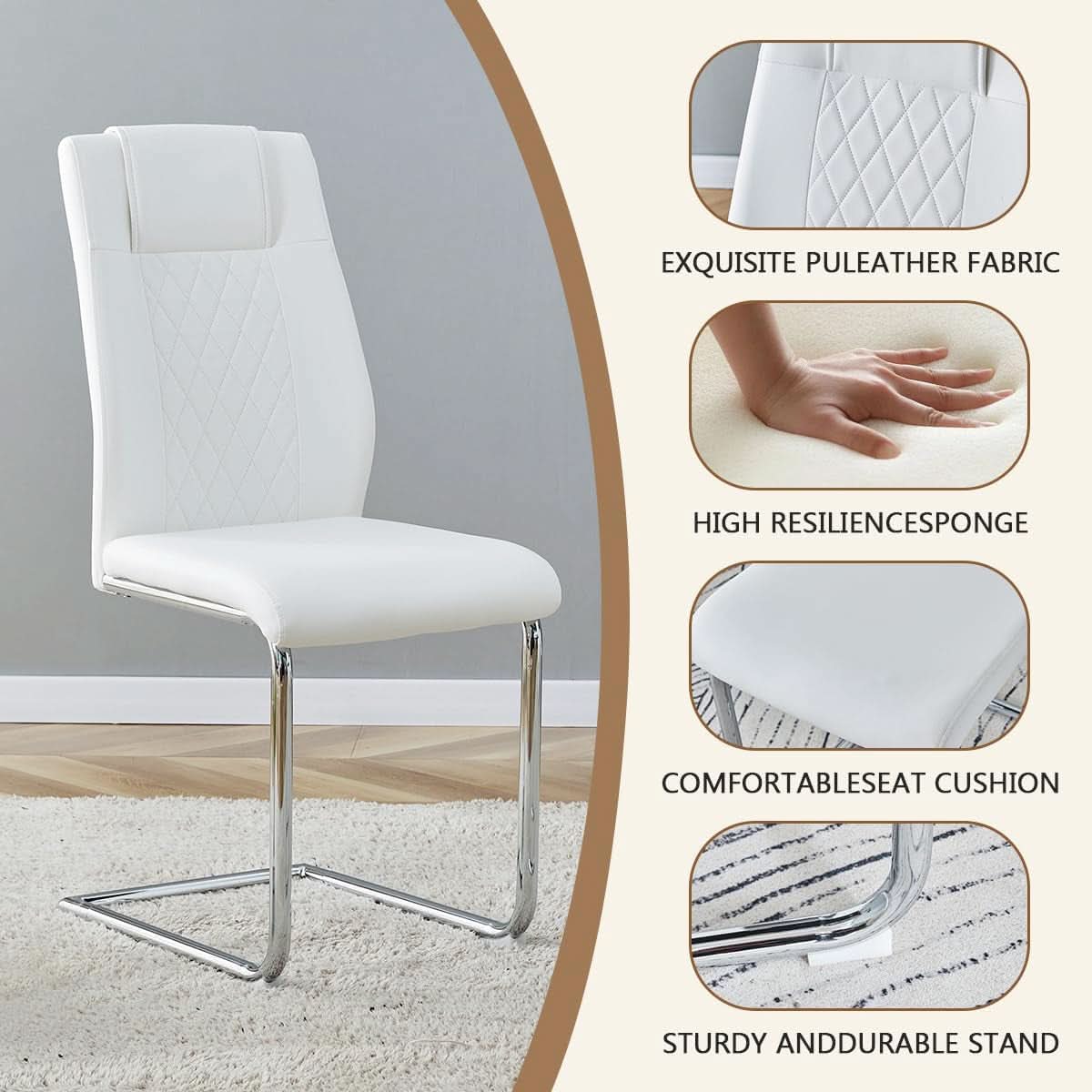 White Faux Leather Dining Chairs Four Pack Chrome Finish