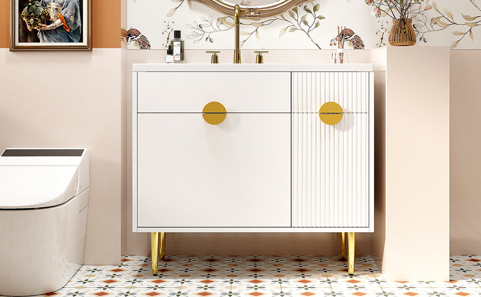 36' Bathroom Vanity with Resin Basin Sink, Modern Bathroom Sink Cabinet, Storage Cabinet with Soft-Closing Door and Drop-Down Door