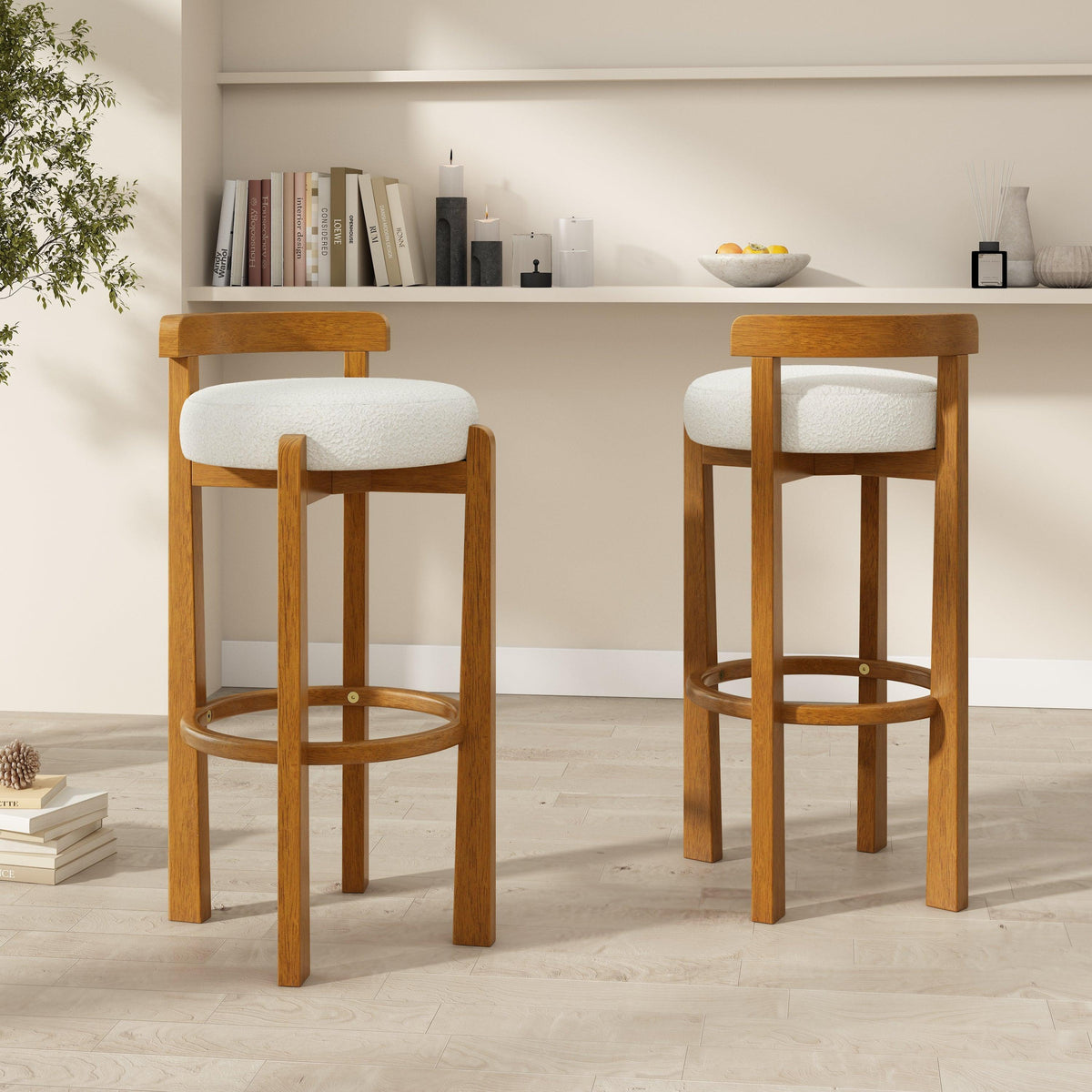 Walnut Wood Bar Stools with White Upholstered Seats – Modern Counter Stools (Set of 2)