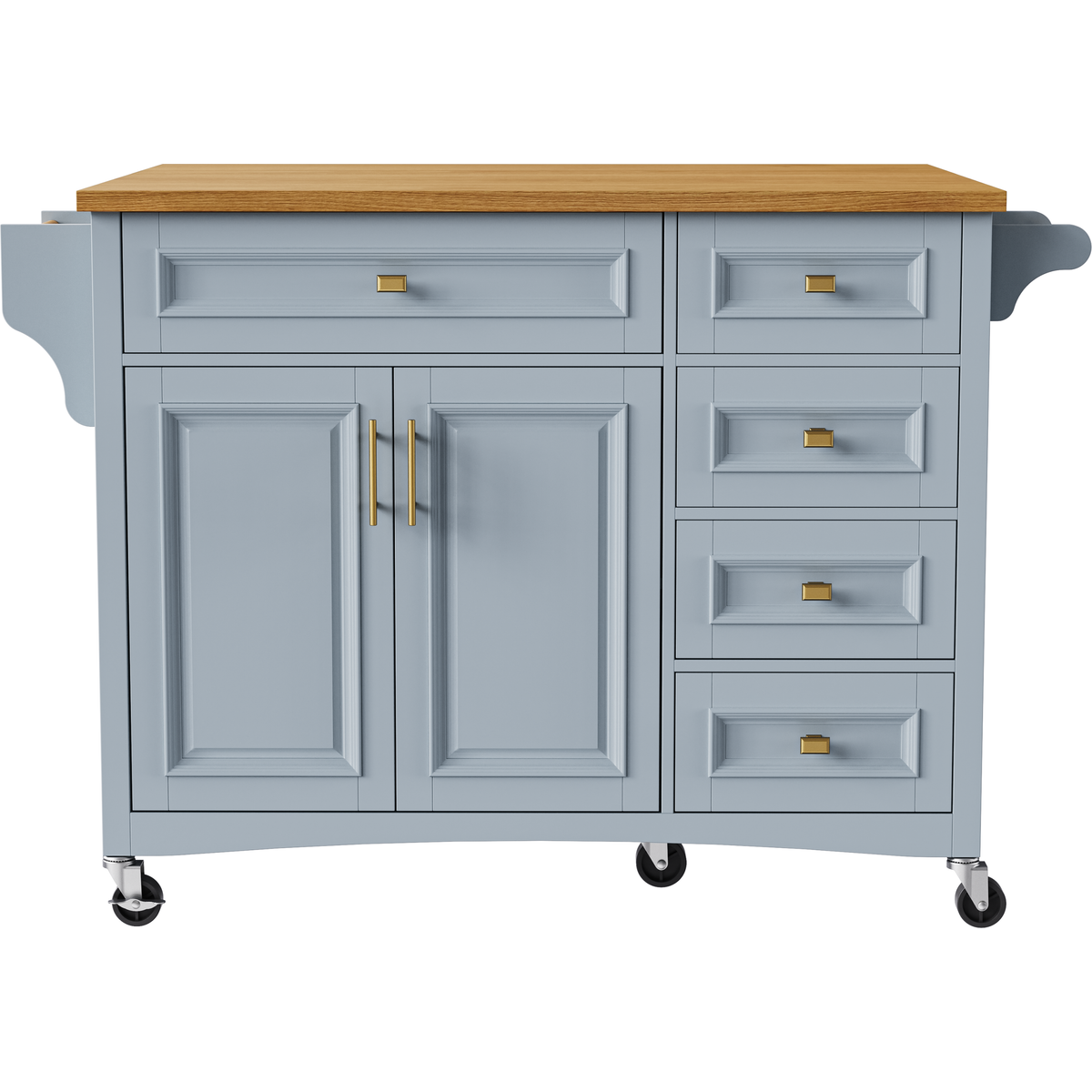 K&K 52'' Kitchen Island with Drop Leaf, Embossed Texture Kitchen Island on Wheels with Spice Rack, Towel Rack, 2 Doors and 5 Drawers, Kitchen Storage Cart with Adjustable Shelf for Kitchen, Blue Grey