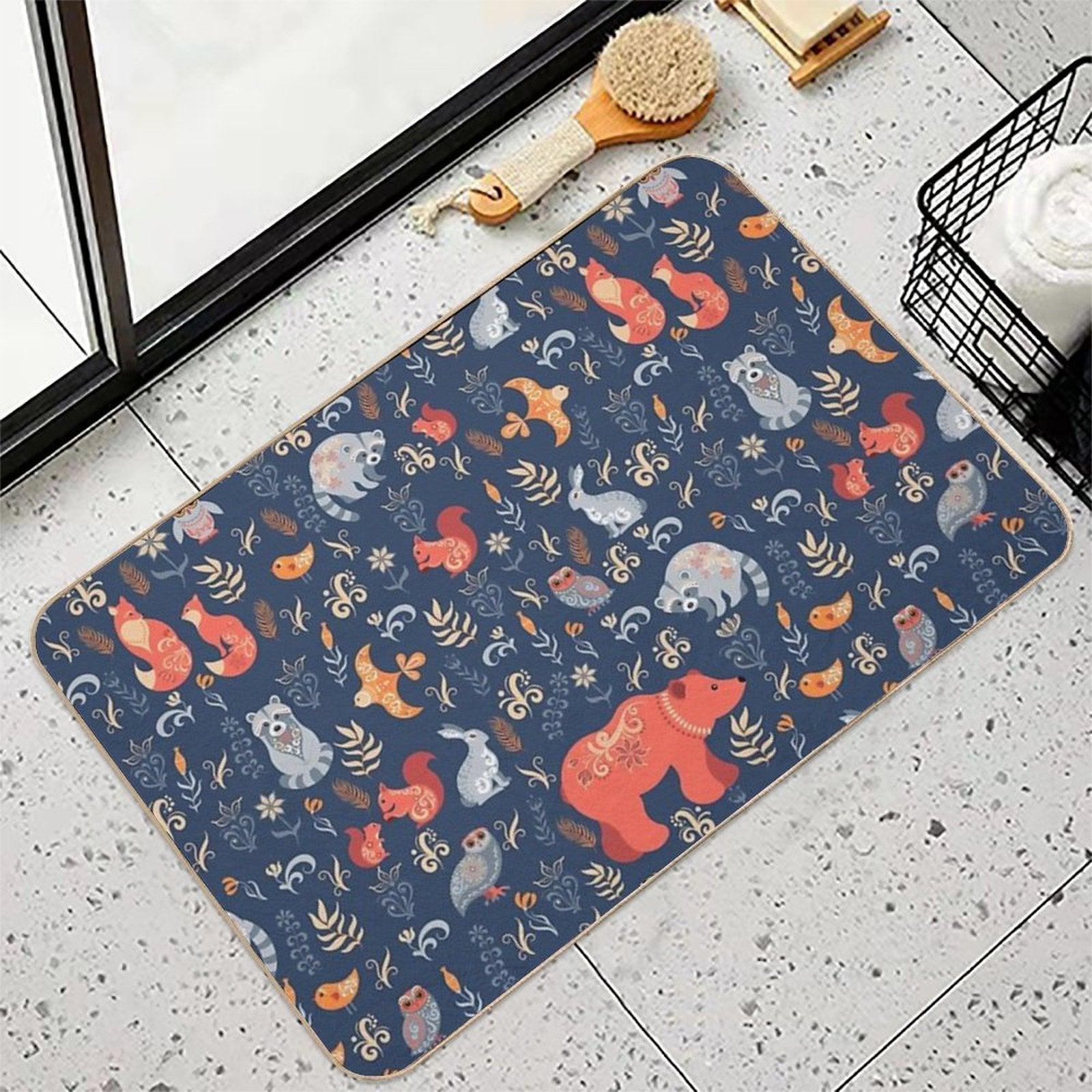 Fairy-tale Forest. Fox, Bear, Raccoon, Owls, Rabbits, Flowers And Herbs on A Blue Background.  Stain-Proof Bath Mat