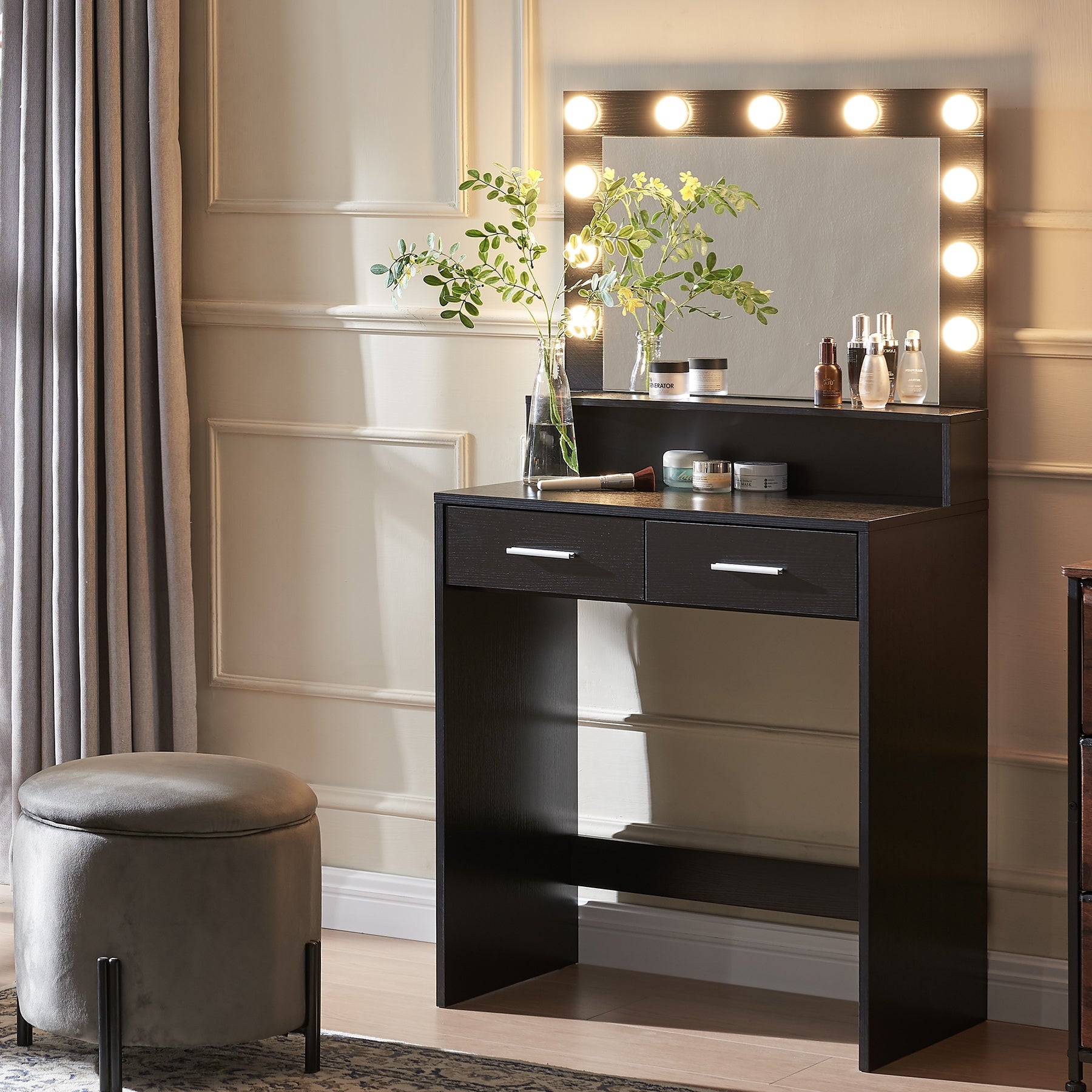 Vanity Desk with Mirror and Lights, Large Drawer and 2-Level Storage, Adjustable Brightness