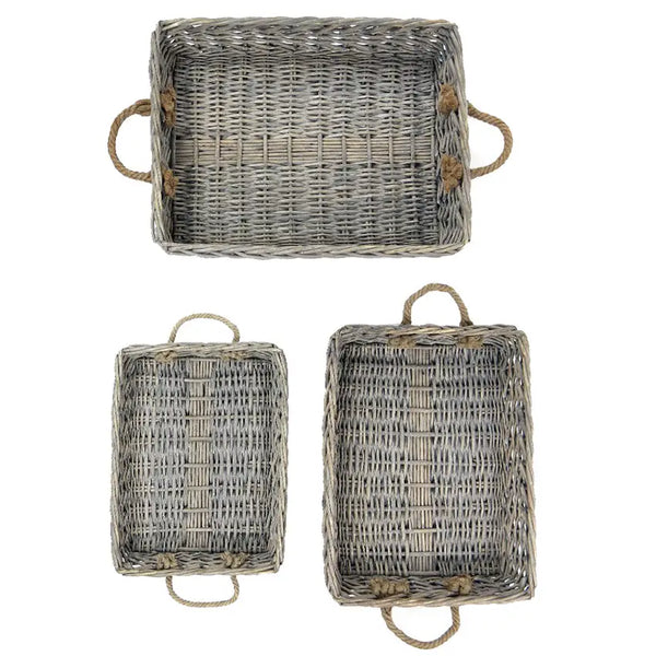 Set Of 3 Rectangular Willow Trays with Jute Handles