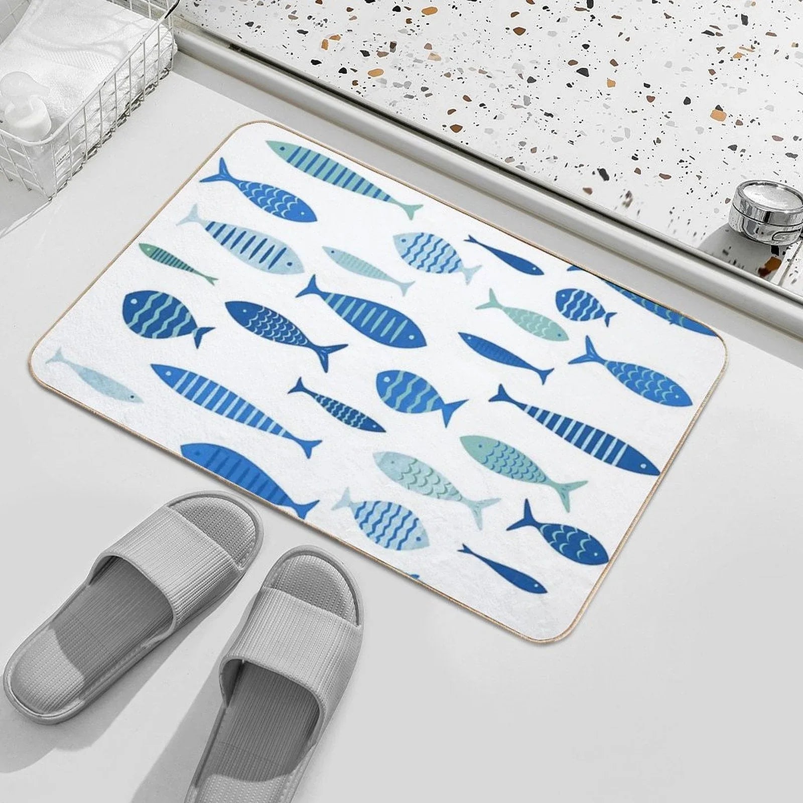 Mid Century Modern Blue Fish Fishing MCM Mid Mod Bath Mat