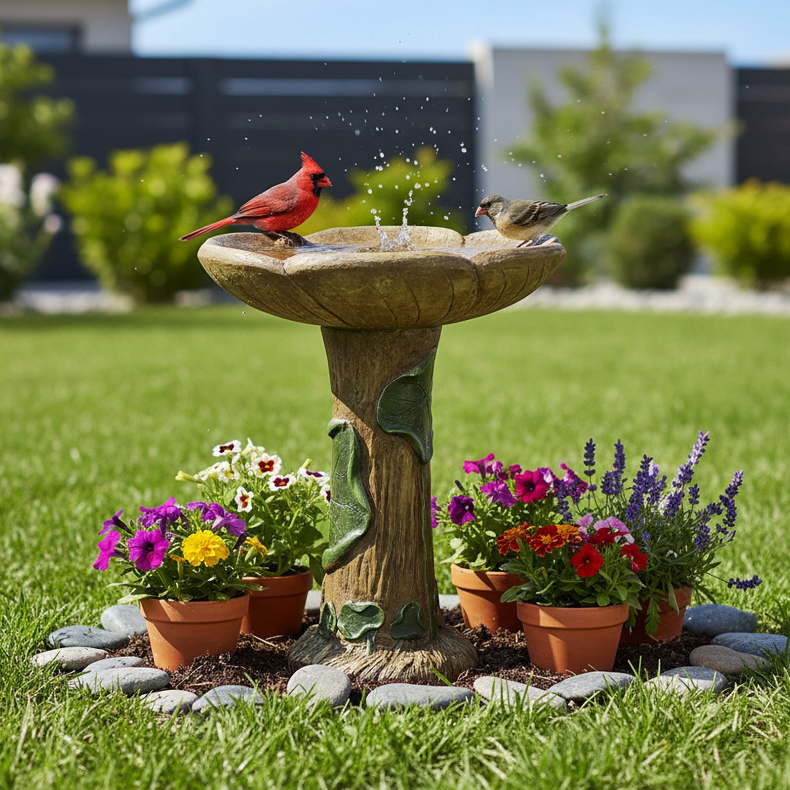 Concrete Rustic Bird Bath Carved Trunk 24 Inch