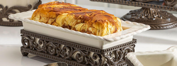 Stoneware Loaf Serving Dish with Metal Acanthus Leaf Base