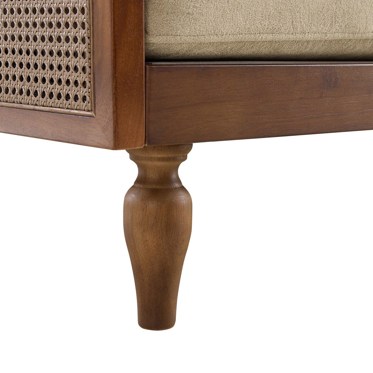 Modern Light Brown Chenille 3-Seater Sofa with Solid Wood Frame & Rattan Arms