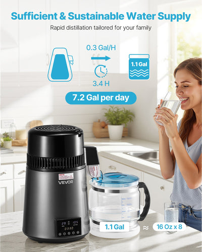 Water Distiller, 4L 1.1 Gallon Pure Water Purifier Filter For Home Table Countertop, 750W Distilled Maker With Glass Pot, Stainless Steel Interior Drinking Machine To Make Clean Waters, Grey