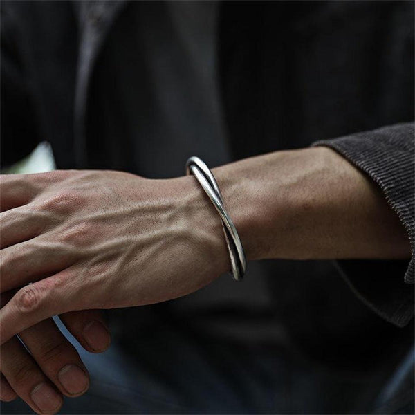 Handmade Twisted Wire Bracelet Men's Trendy Retro Pure Silver Open Bracelet Niche Design Jewelry