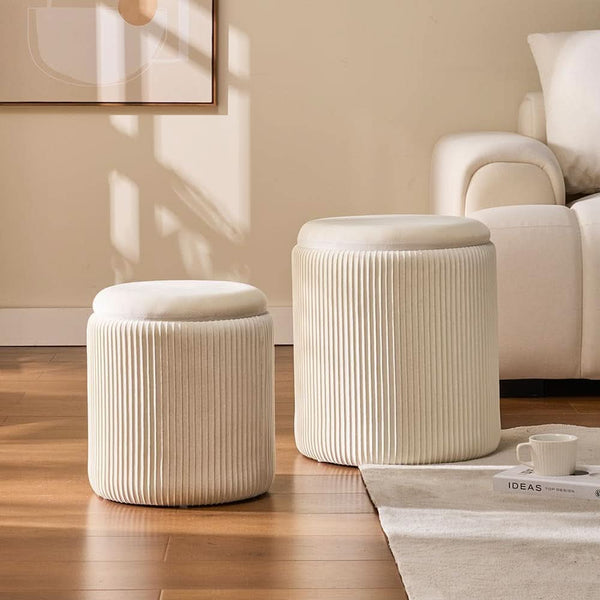 White Storage Ottoman Round Velvet Upholstered Set