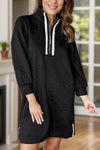 Classic Textured Zip Mini Dress Trendy Long Sleeve Dress for Women Modern Dress - Black / S
