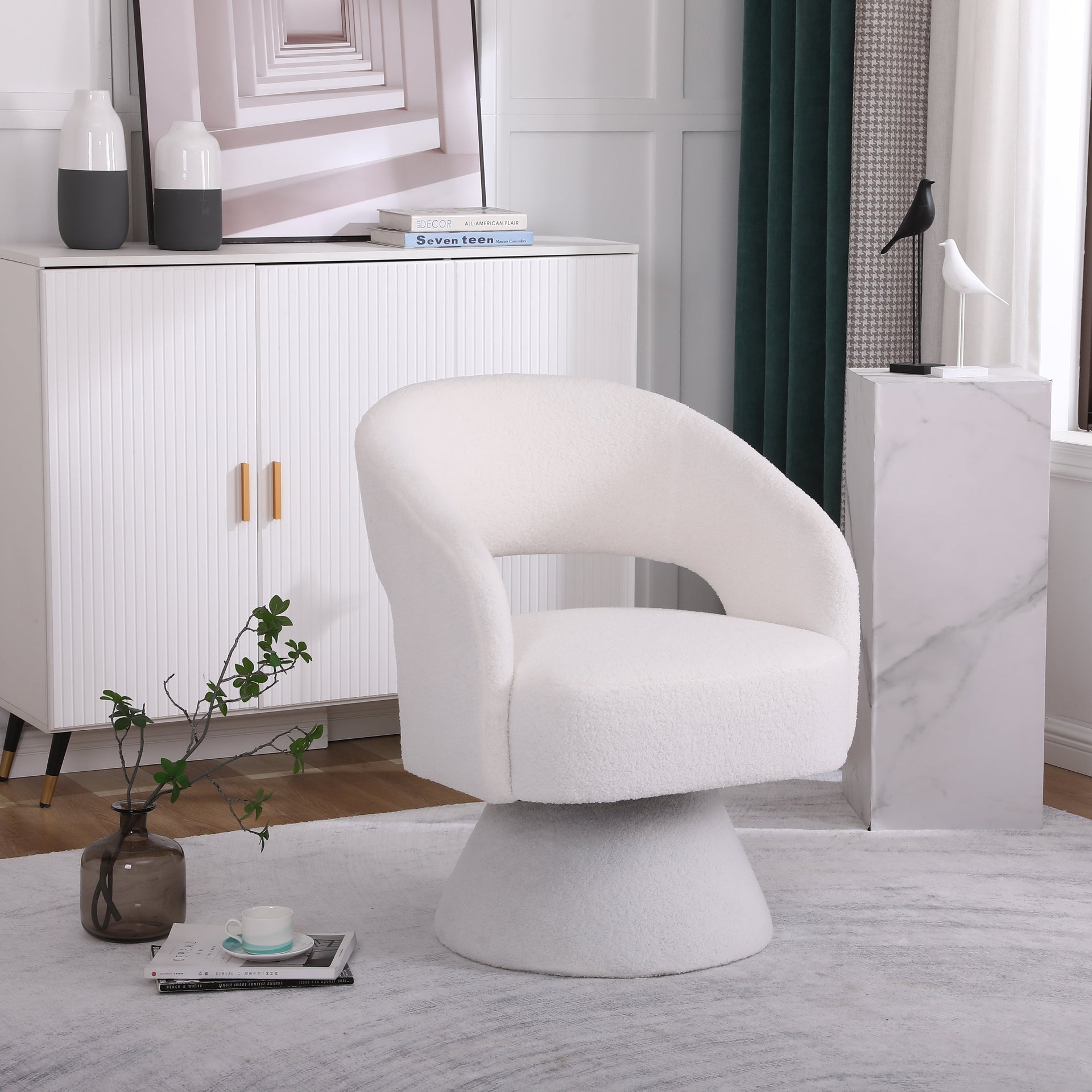 Swivel Accent Chair Armchair  Round Barrel Chair in Fabric for Living Room Bedroom White