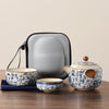 Blue and white beige Ru kiln travel tea set one pot three cups outdoor portable entwined lotus ceramic retro teapot