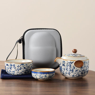 Blue and white beige Ru kiln travel tea set one pot three cups outdoor portable entwined lotus ceramic retro teapot