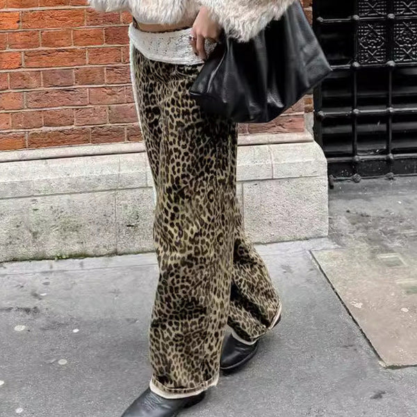 American retro leopard print casual pants with high waist design niche fashion loose and wide leg pants