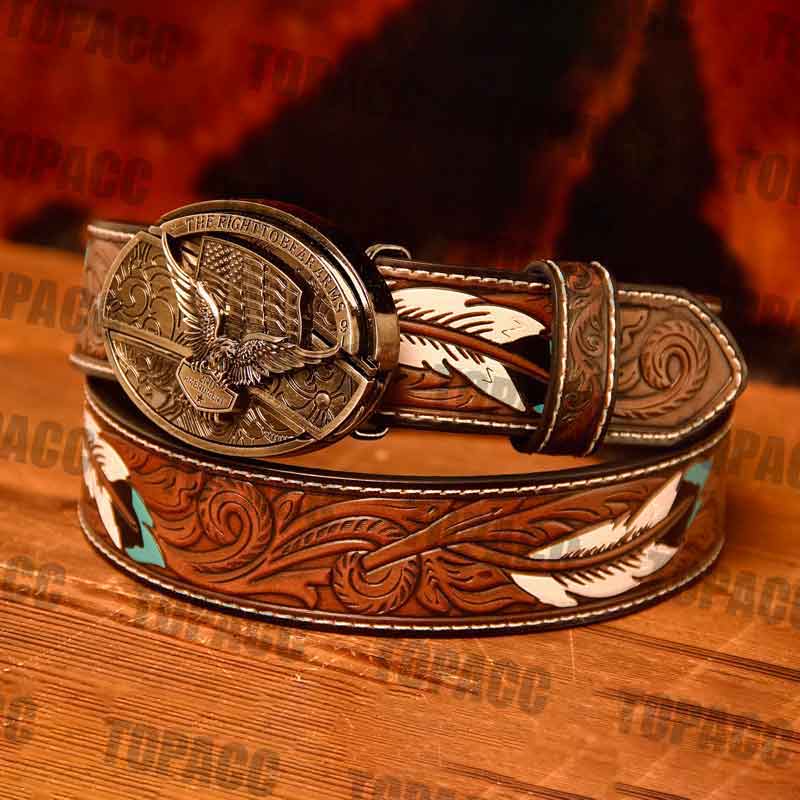 Waist 42-46 inch Western Leather Feather Belt - Block Buckle