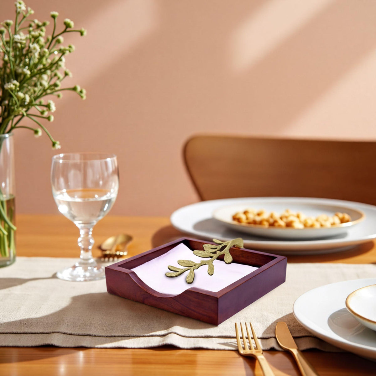 Wooden Napkin Holder – Gold, Weighted Metal Arm