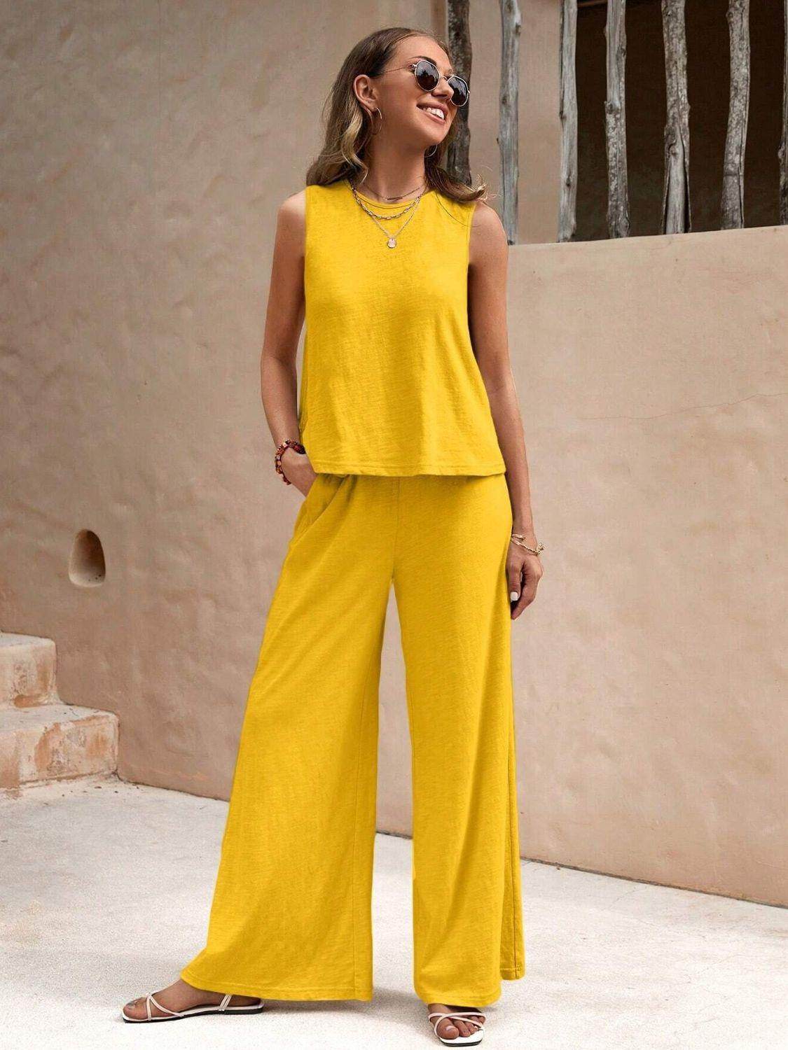 Stylish Round Neck Sleeveless Top and Wide Leg Pants Set