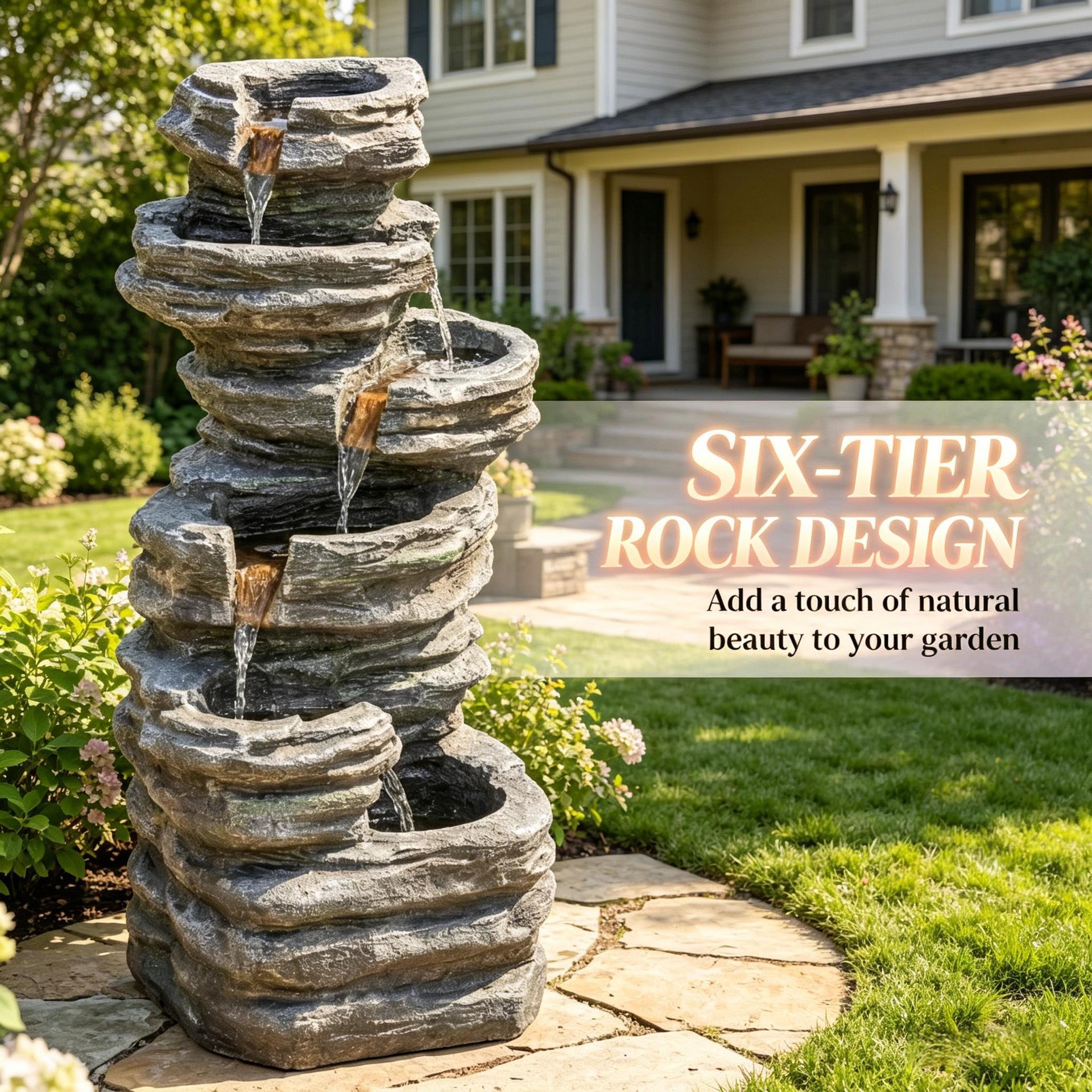 Resin 6 Tier Rock Cascade Outdoor Fountain 40 Inch LED