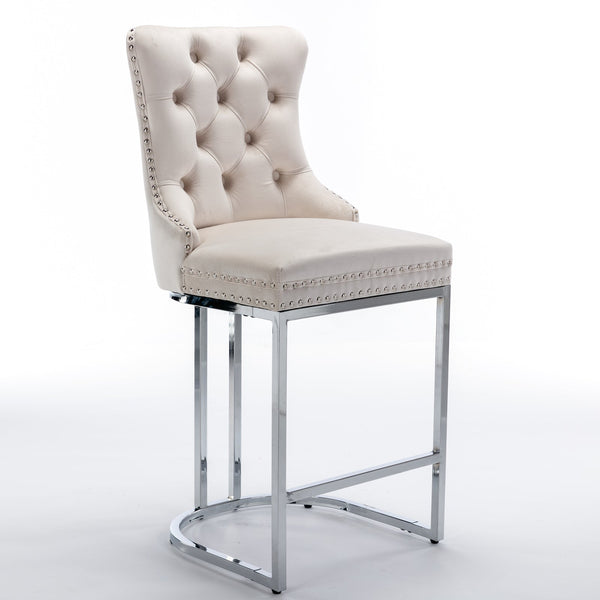 Counter Height Velvet Bar Stools with Button Back & Rivet Trim Upholstered Seats