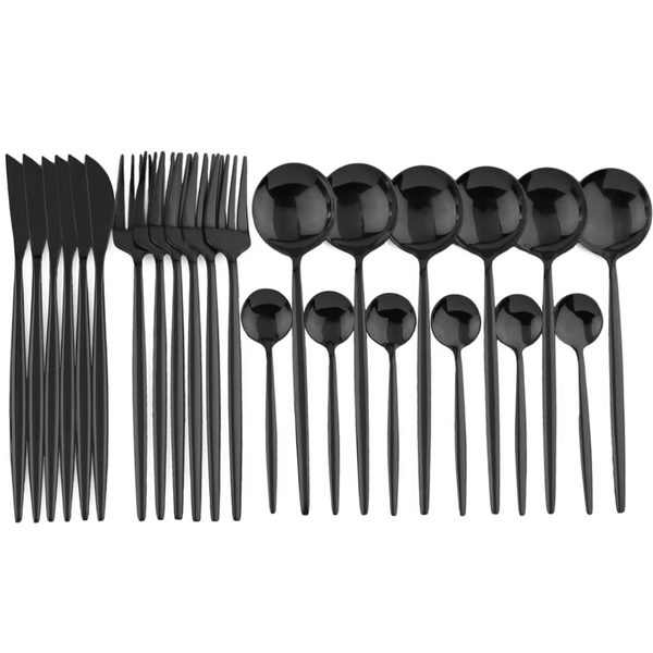 24 Piece Black Stainless Steel Cutlery Set for 4 with Steak Knives