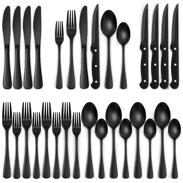 24 Piece Black Stainless Steel Cutlery Set for 4 with Steak Knives