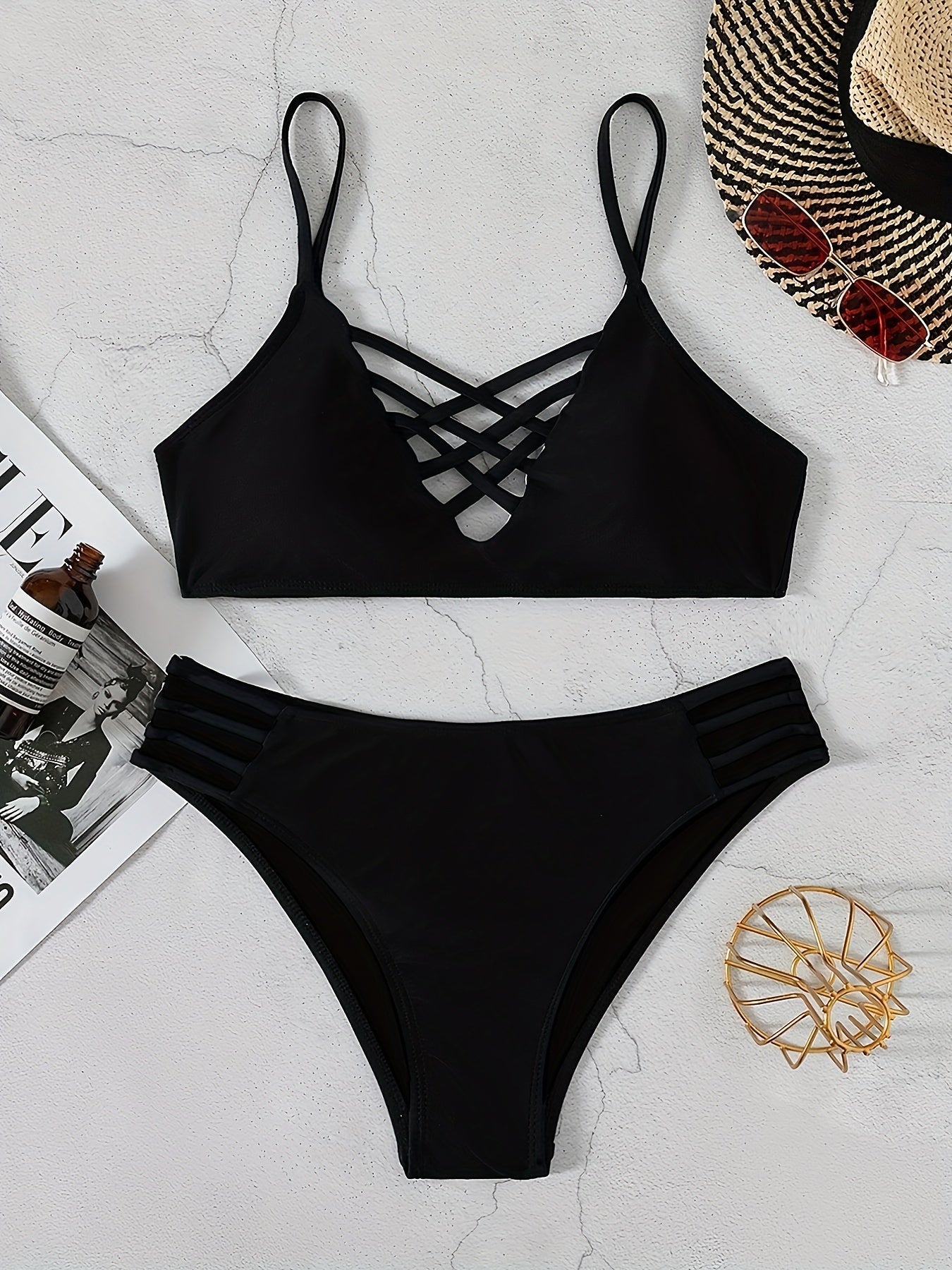 Noir Allure Criss Cross Bikini Set for Women – Chic Elegant Hollow Out Design with High Waist Buckle Detail Adjustable Spaghetti Straps & Medium Stretch Nylon – 2-Piece Women's Swimwear for Summer Beach Days & Poolside Glam