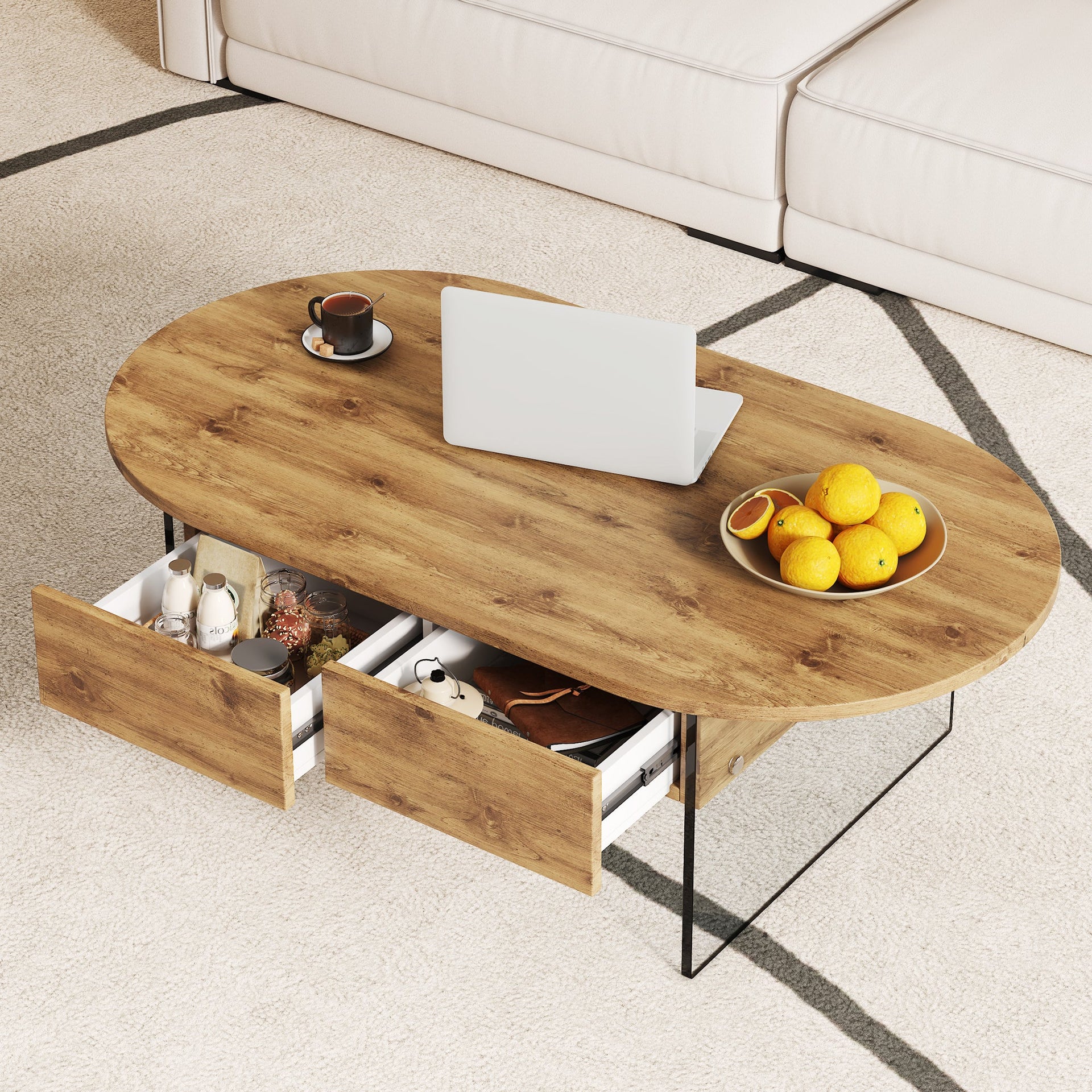 Elegant Coffee Table with Double Drawers and Transparent Glass Sides in MDF and Glass