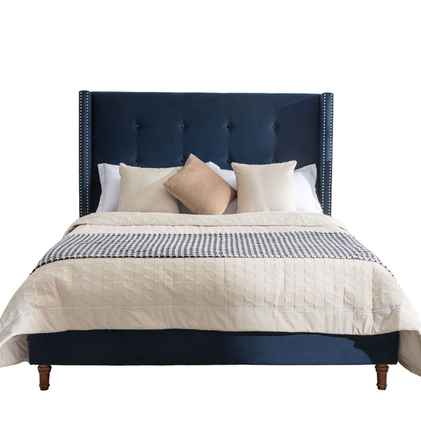 Peyton Upholstered Queen Bed with 54' High Headboard and Traditional Buttoned Tufting in Blue Velvet BLAKHOM