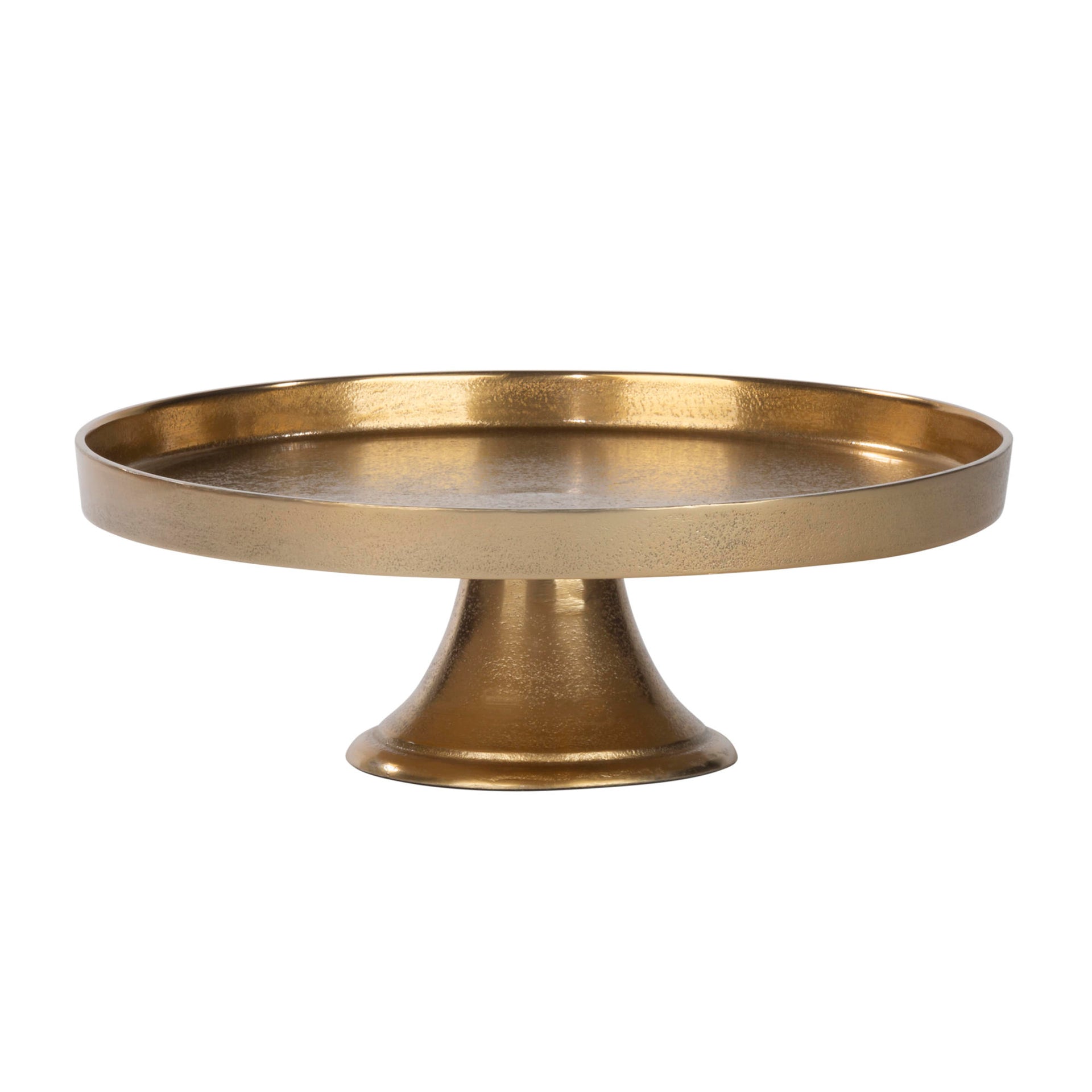 A round pedestal cake stand with a textured metallic gold finish, photographed against a solid white background.