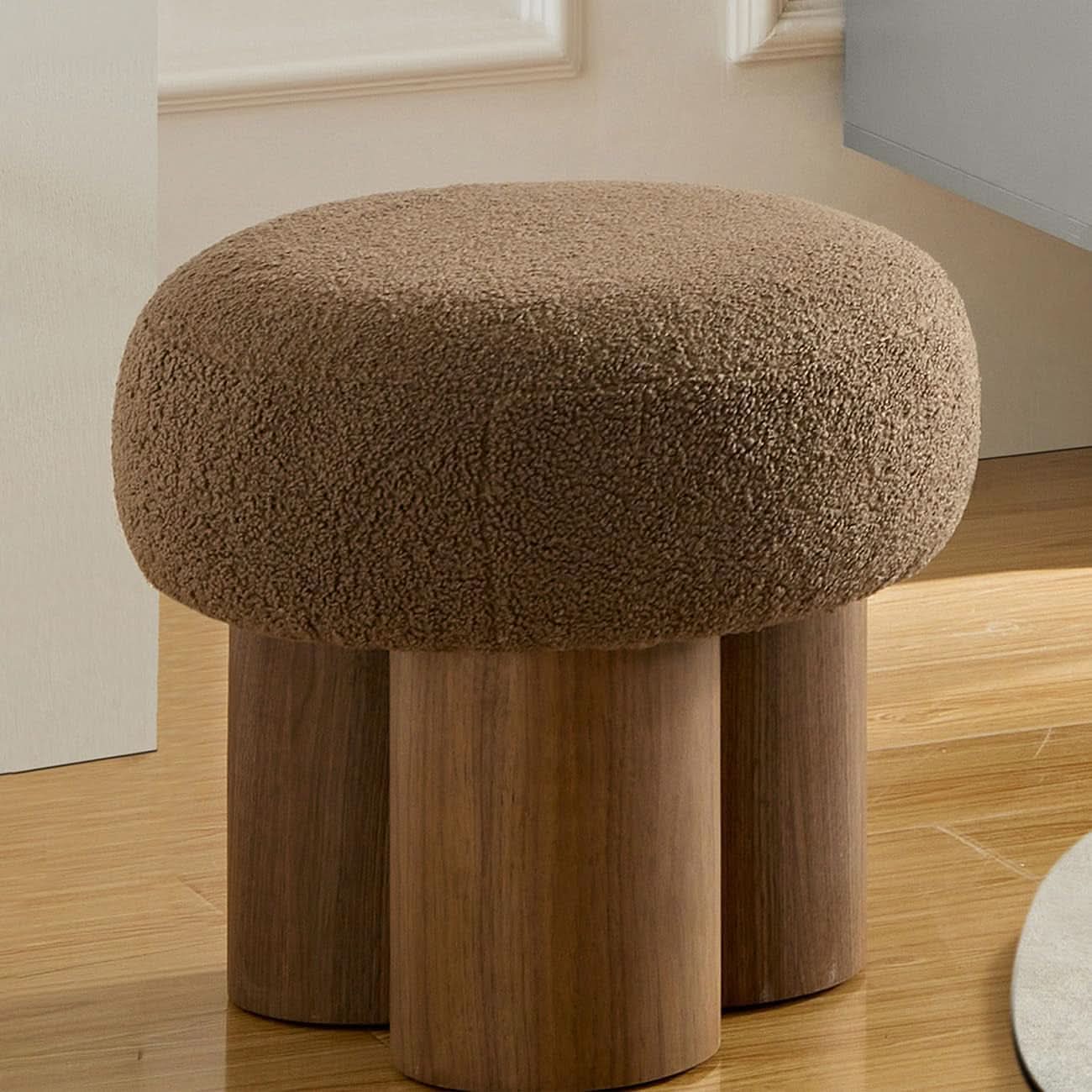 Luxurious Dark Brown Boucle Round Ottoman Footstool