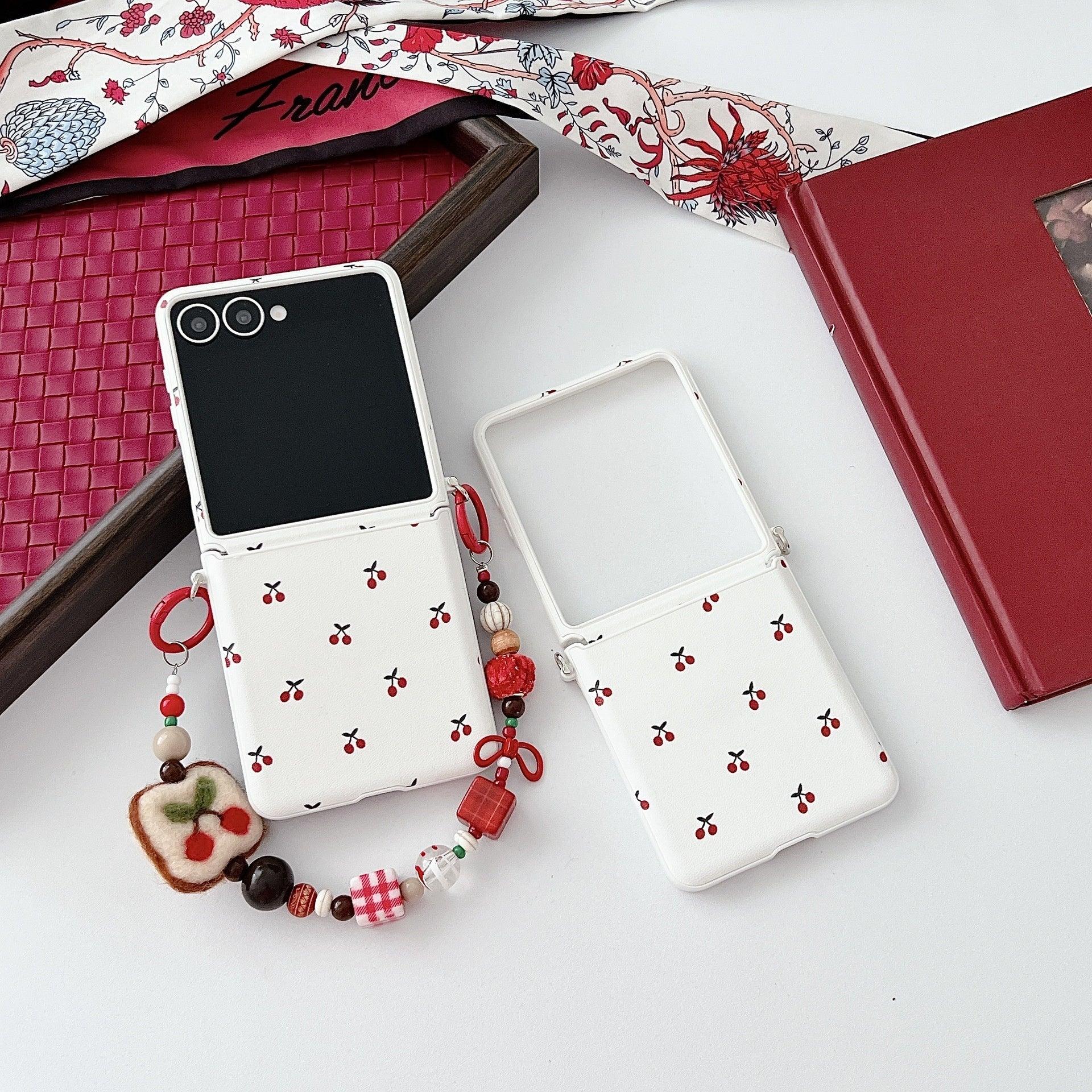White Background Korean Style Cherry Phone Case for Samsung Z Flip 7/5/6/4 Foldable Protective Shell Compatible with Oppo and Huawei