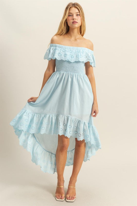 High-Low Eyelet Ruffled Off-Shoulder Dress For Summer – Fluttering, Flirty and Feminine Off-Shoulder Dress with Eyelet Detailing and High-Low Hem