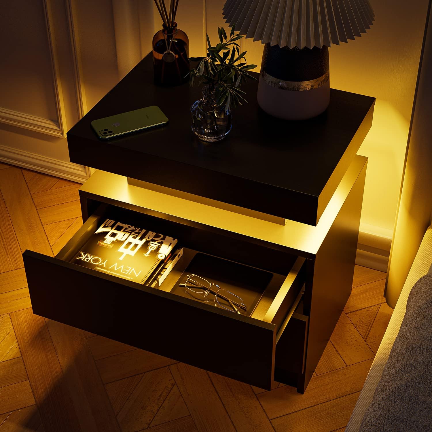 Nightstand LED Bedside Table Cabinet with 2 Drawers