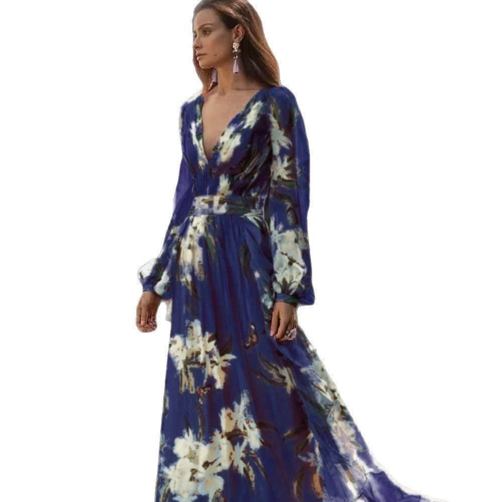 Winter New  Style V-Neck Long Sleeve Four-Way Stretch Printed Flared Dress