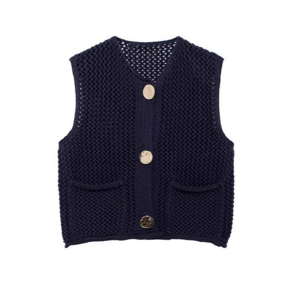 Street Fashion Crochet Hollow Vest Solid Color Versatile Round Neck Jacket