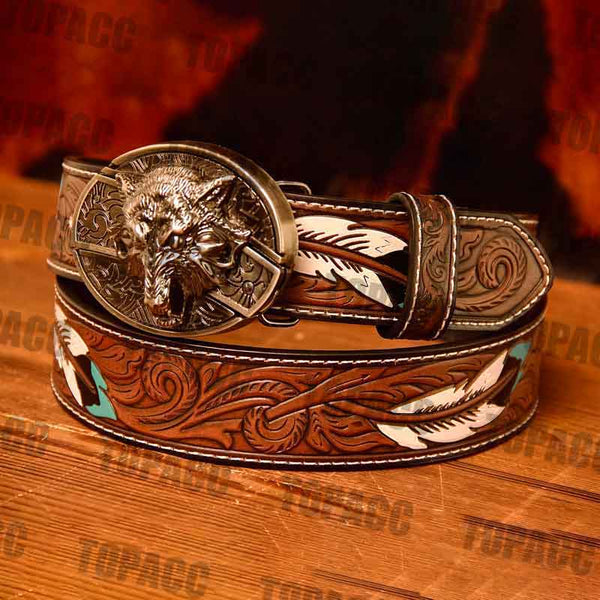 Waist 42-46 inch Western Leather Feather Belt - Block Buckle
