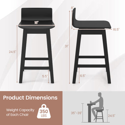 24.5 Inch Swivel Wooden Bar Stools Set of 4 with Rubber Wood Legs and Low Back-Black
