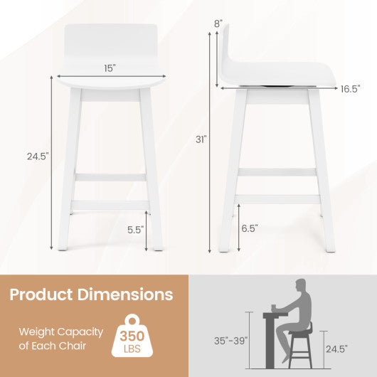 24.5 Inch Swivel Wooden Bar Stools Set of 2 with Rubber Wood Legs and Low Back-White