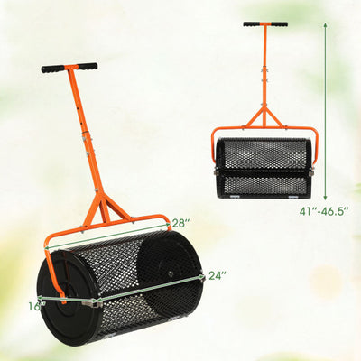24 Inch Compost Spreader Peat Moss Spreader Roller with Height-Adjustable T-Shaped Handle-Orange