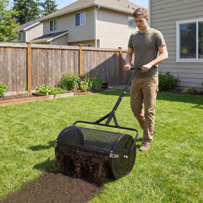 24 Inch Compost Spreader Peat Moss Spreader Roller with Height-Adjustable T-Shaped Handle-Black