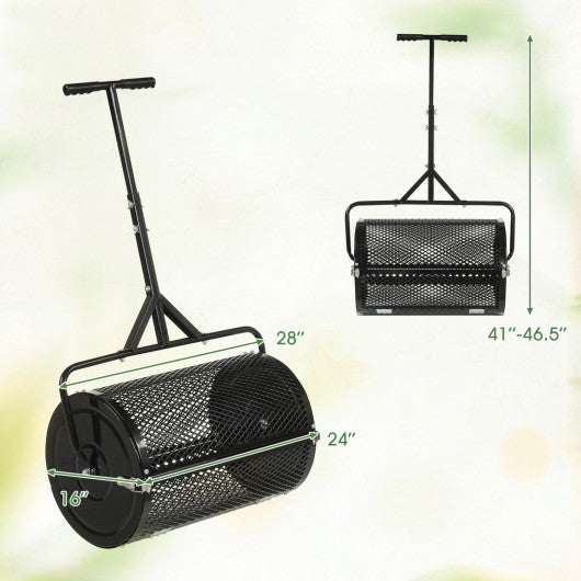 24 Inch Compost Spreader Peat Moss Spreader Roller with Height-Adjustable T-Shaped Handle-Black