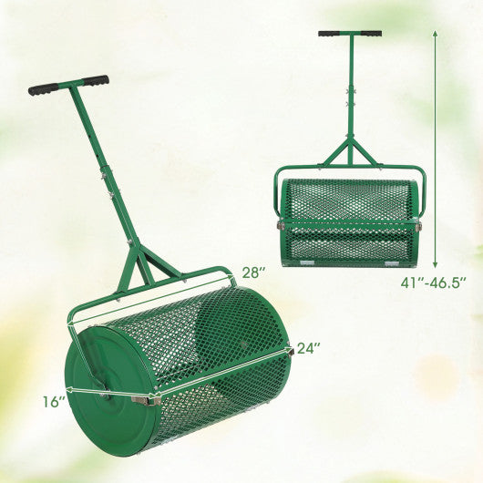 24 Inch Compost Spreader Peat Moss Spreader Roller with Height-Adjustable T-Shaped Handle-Green