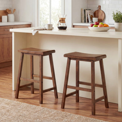 24 Inch Counter Height Stools Solid Wood Saddle Bar Stools Set of 2-Brown