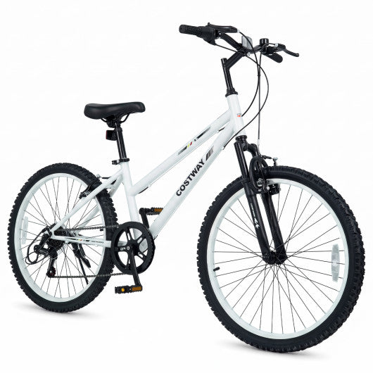 24 Inch Kids Mountain Bike Adjustable with 7 Speed and Suspension Fork-White