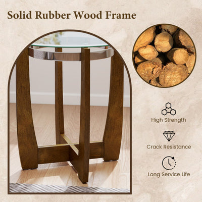 24 Inches Round Side Table with Tempered Glass Top and Solid Rubber Wood Base-Walnut