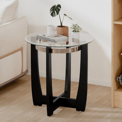 24 Inches Round Side Table with Tempered Glass Top and Solid Rubber Wood Base-Black